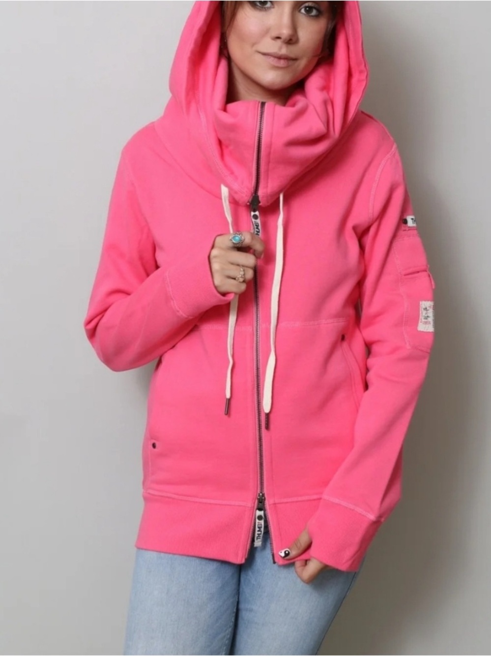 Women's Pink Zip-Up Hoodie with Oversized Collar